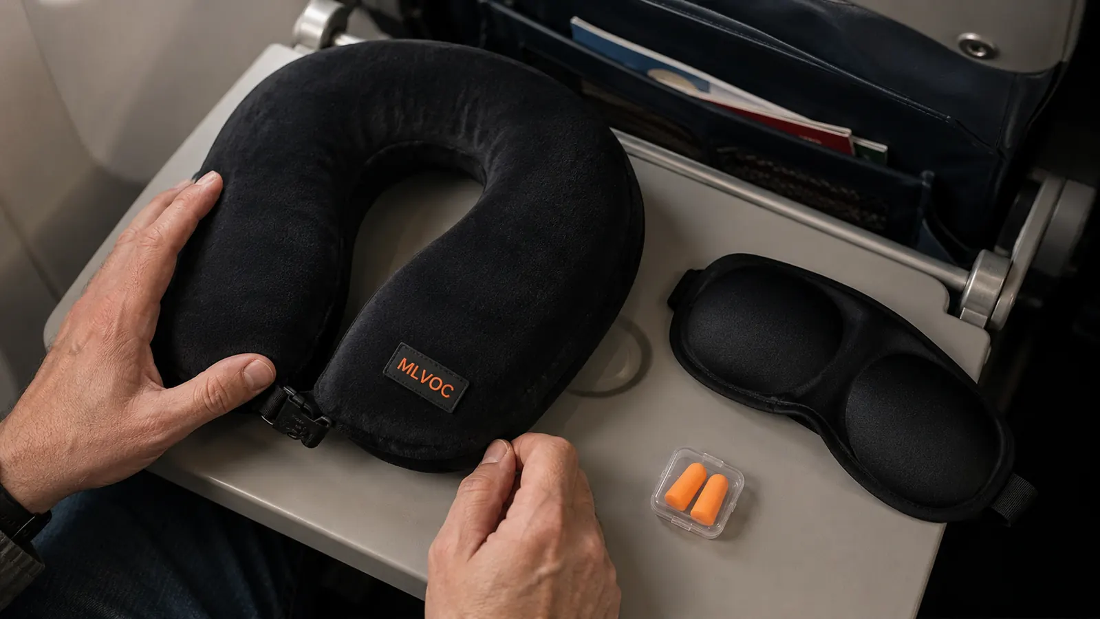MLVOC memory foam travel pillow with included 3D eye mask and earplugs laid out on a light surface
