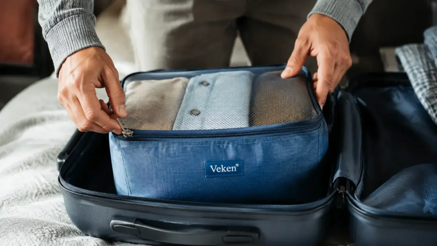 Hands unzipping a blue Veken packing cube over a suitcase