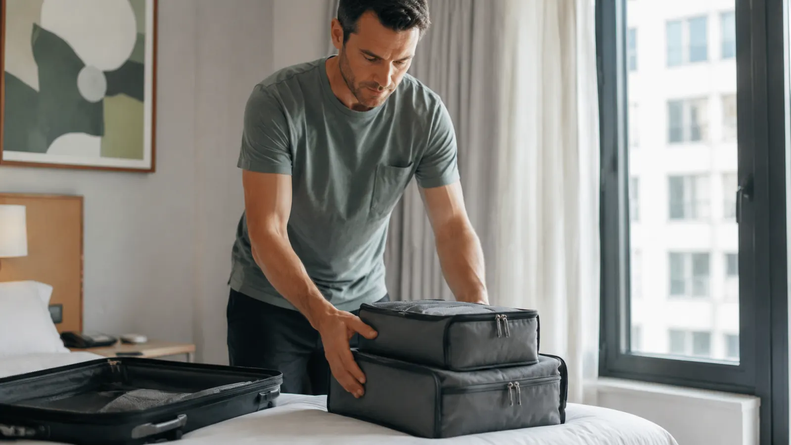 Packing cubes arranged on a hotel bed next to an open suitcase, showing quick unpacking process