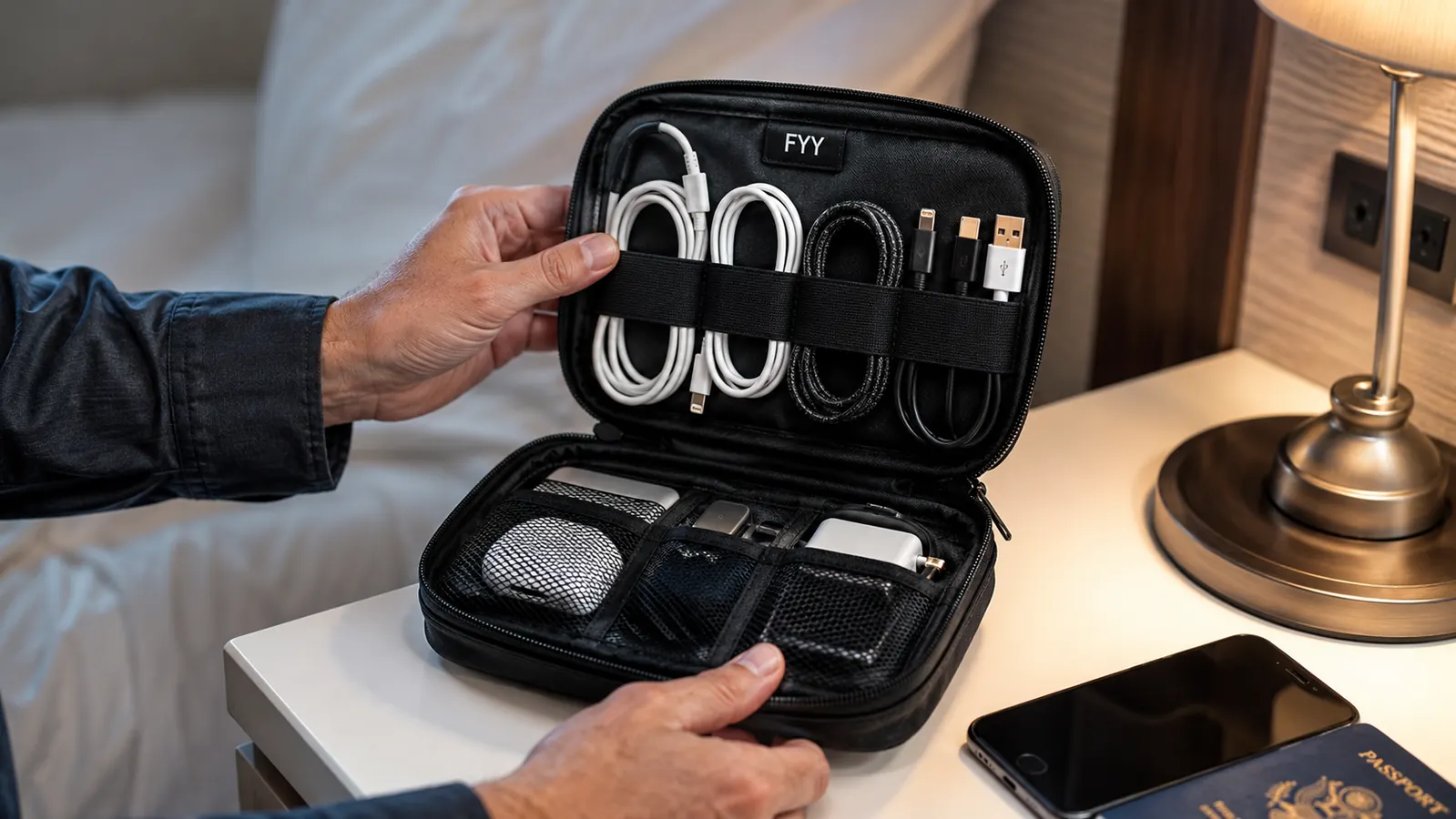 Close-up of the FYY organizer open and standing upright on a hotel nightstand showing double-layer compartment layout