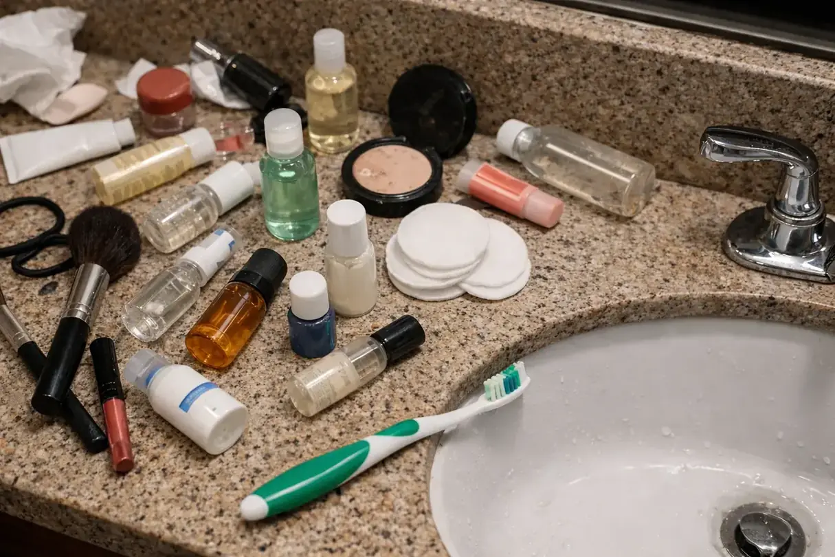 A cluttered hotel bathroom counter covered in loose travel bottles and toiletry items as a before-state contrast