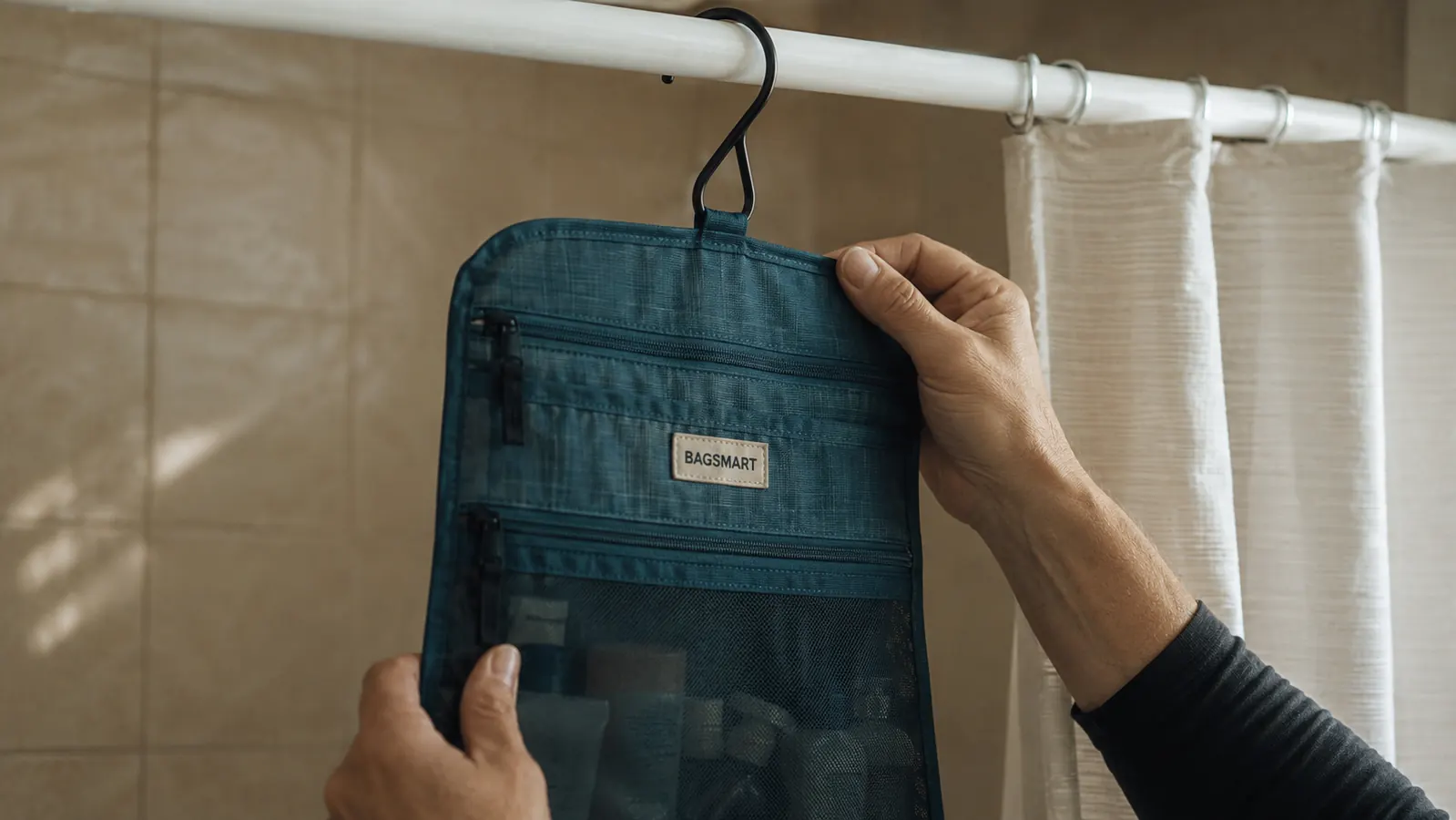 Close-up of BAGSMART toiletry bag hook latched securely over a shower curtain rod