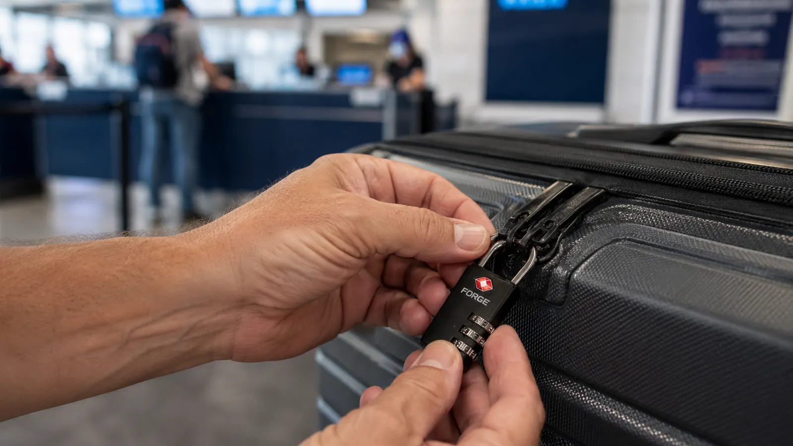 Close-up of a hand attaching a Forge TSA luggage lock to a suitcase zipper pull