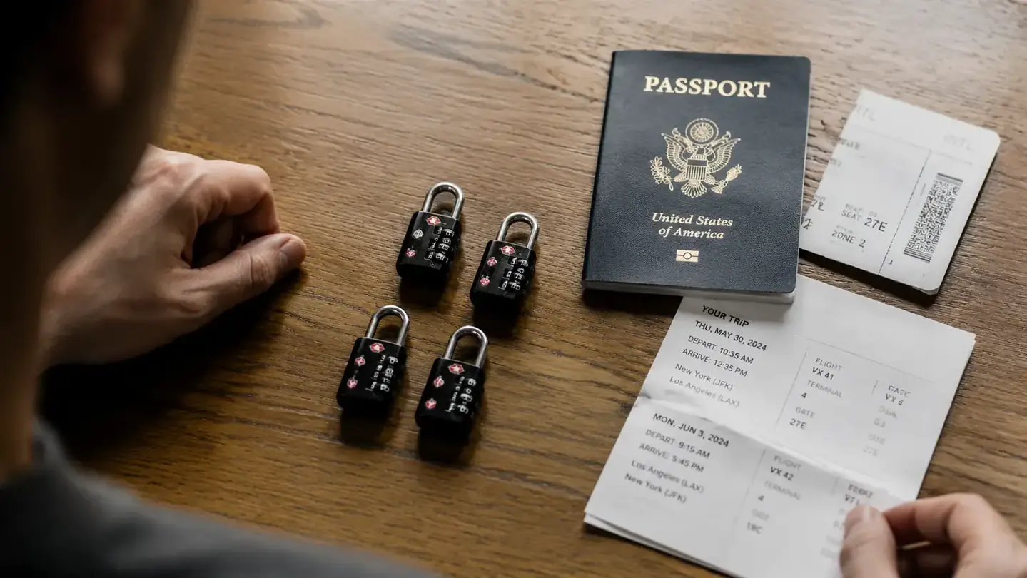 Four Forge TSA luggage locks in black laid out on a wooden table next to a passport and boarding pass