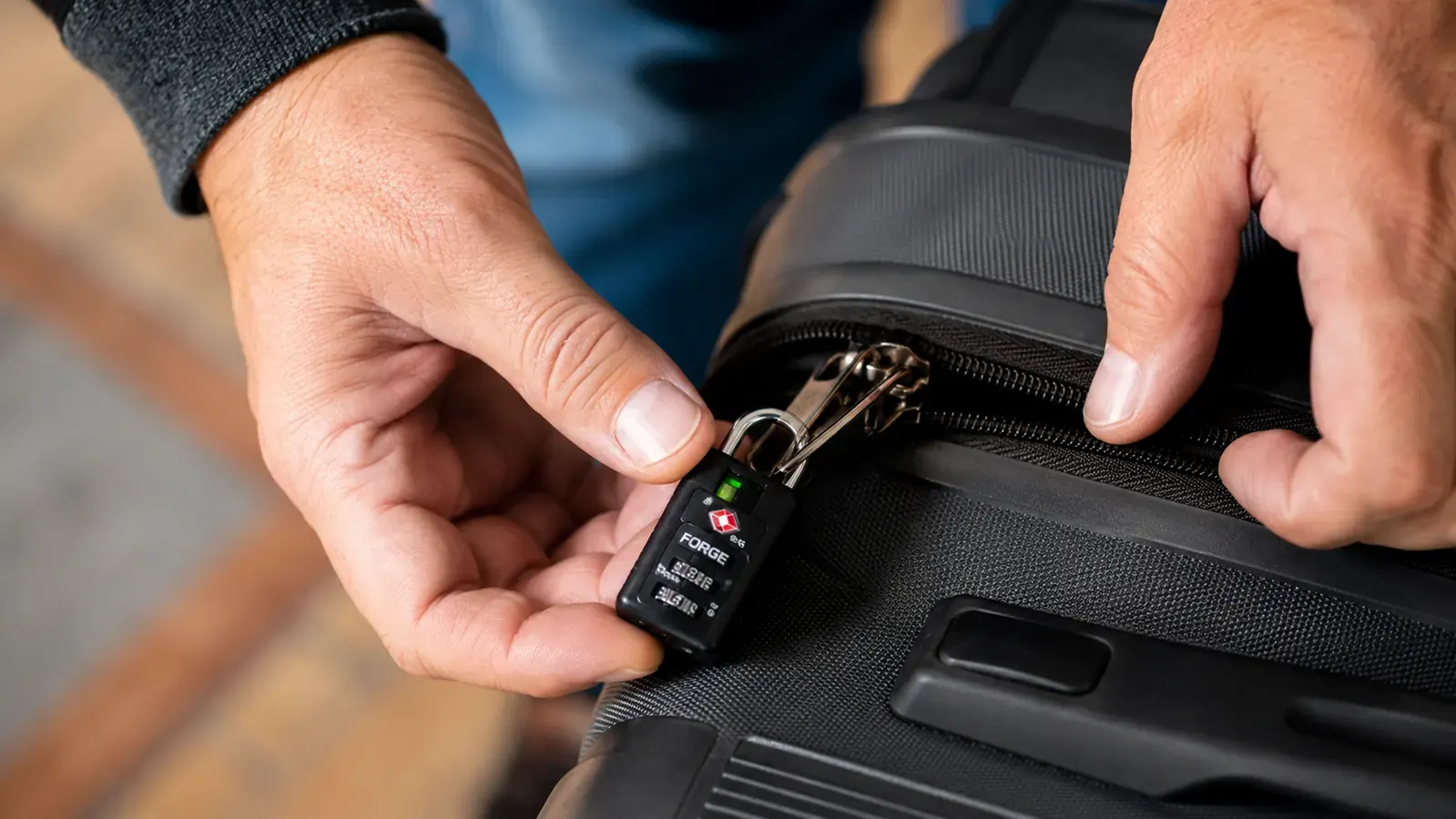 Hand holding a Forge TSA luggage lock attached to a suitcase zipper pull, showing the open-alert indicator window