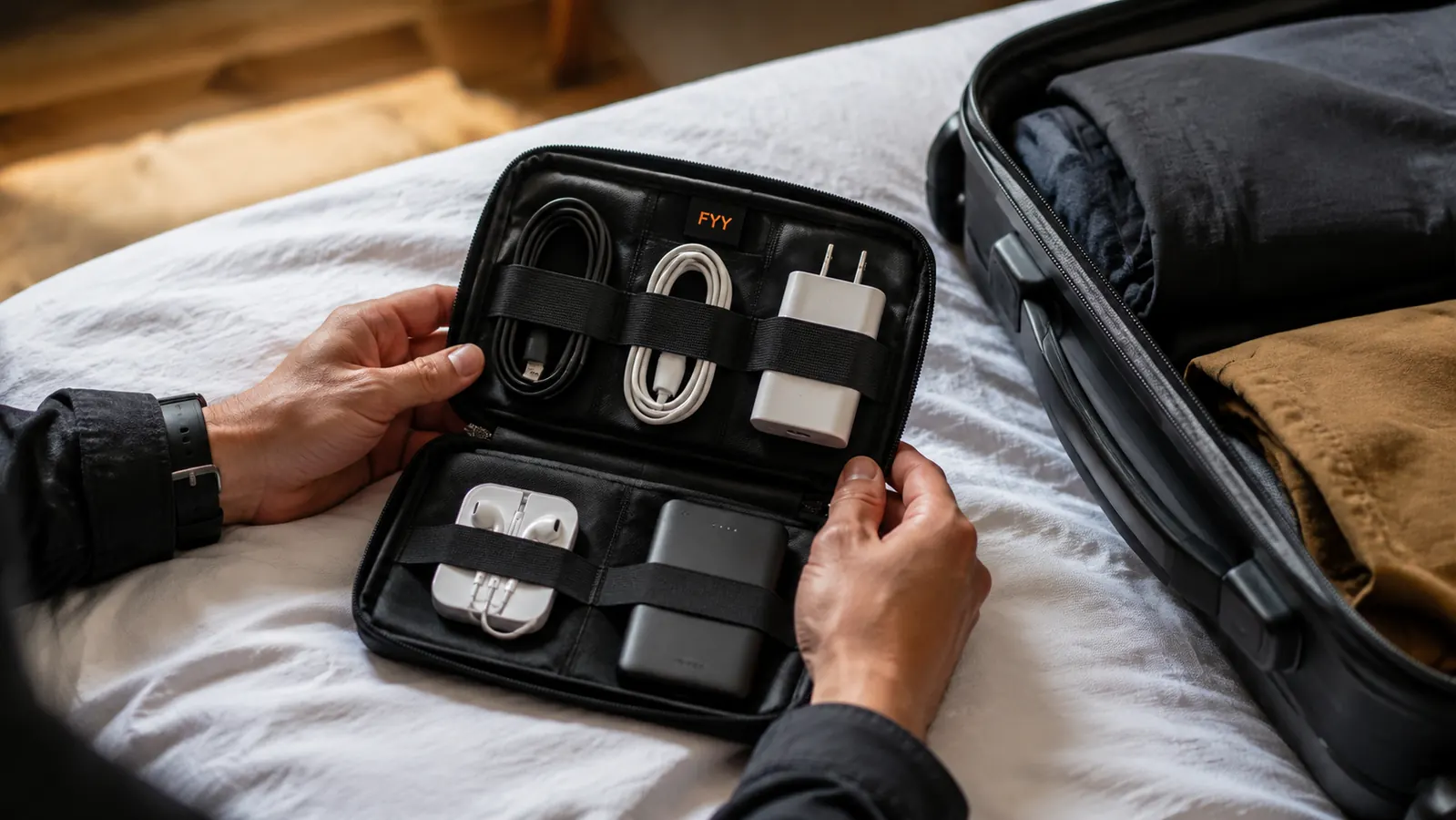 FYY electronics organizer lying open next to a carry-on bag showing neatly stored cables, earbuds, and a power bank