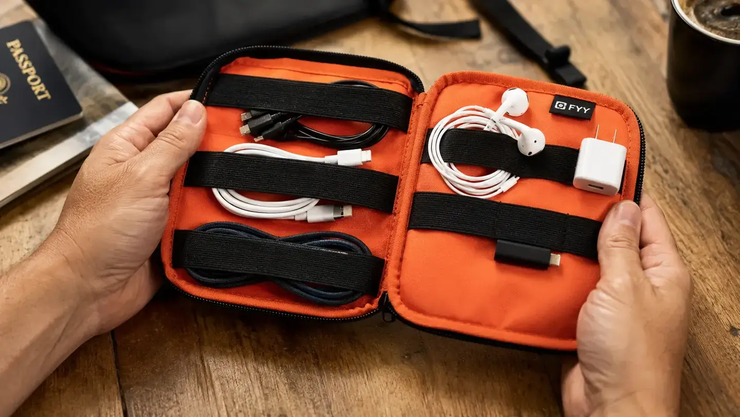 Close-up of neatly organized cables and accessories secured inside elastic loops in the FYY organizer