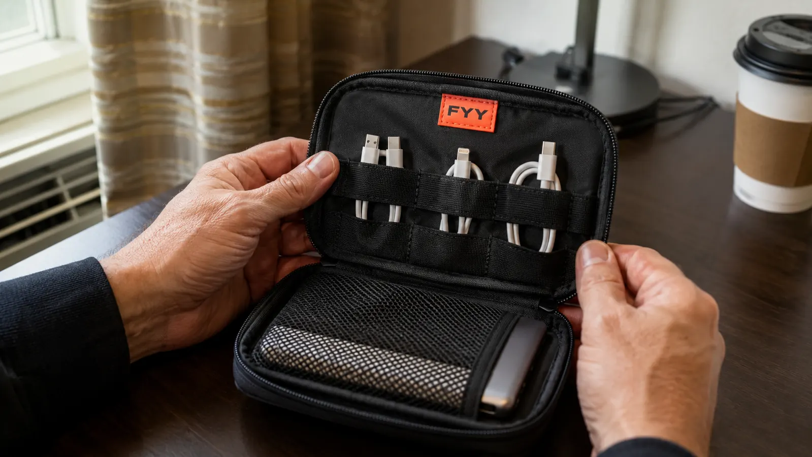 Hands unzipping the FYY organizer to reveal the double-layer interior with cables, earbuds, and a power bank slotted in