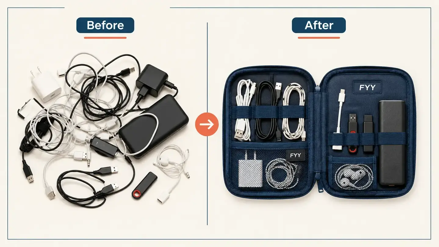 Side-by-side flat lay comparison of the FYY organizer contents before and after packing: tangled cords on the left, neatly organized bag on the right