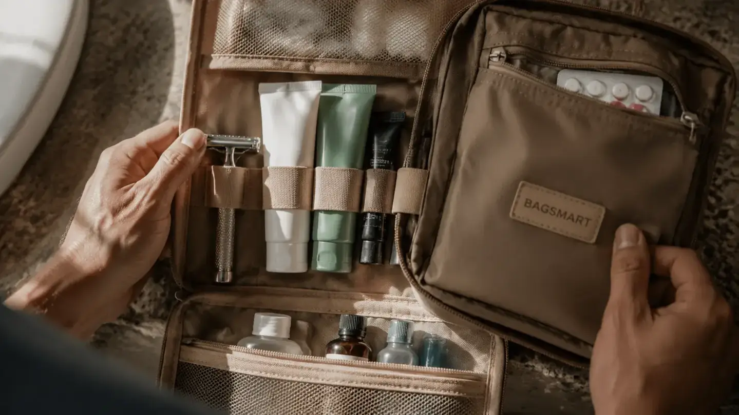Close-up of toiletry bag compartments showing razor, cotton pads, medications, and skincare tubes sorted by category