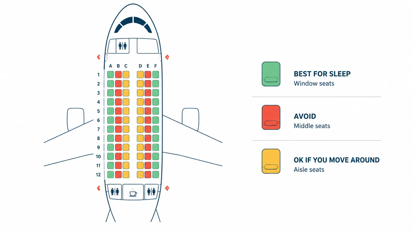 Airplane seat map diagram showing best seats for sleeping, with window seats highlighted in green