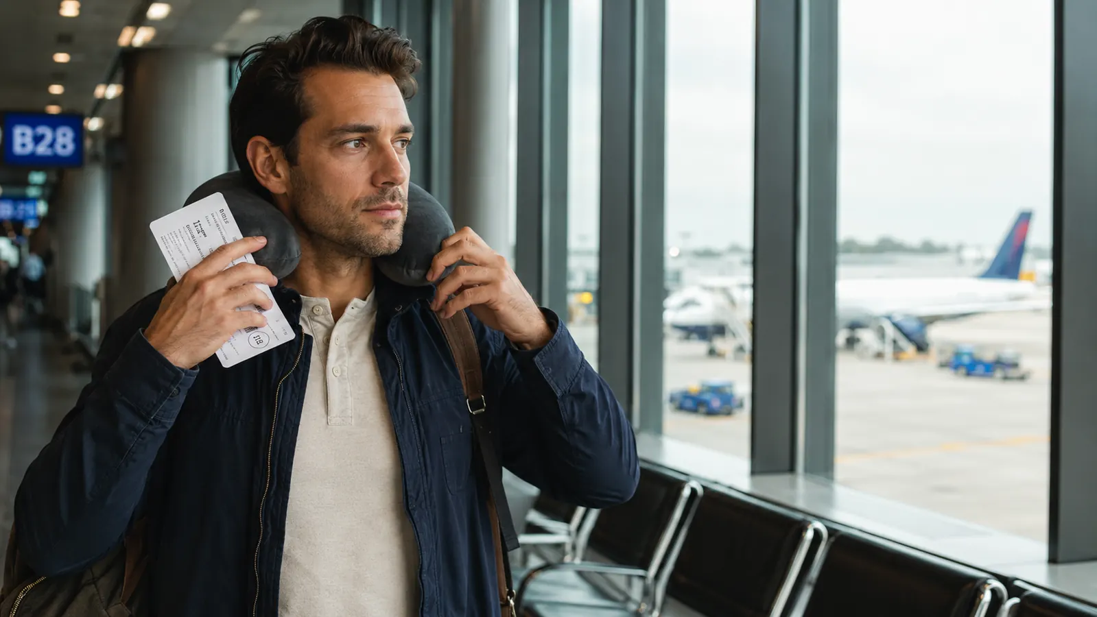 Traveler adjusting neck pillow before boarding a plane at an airport gate