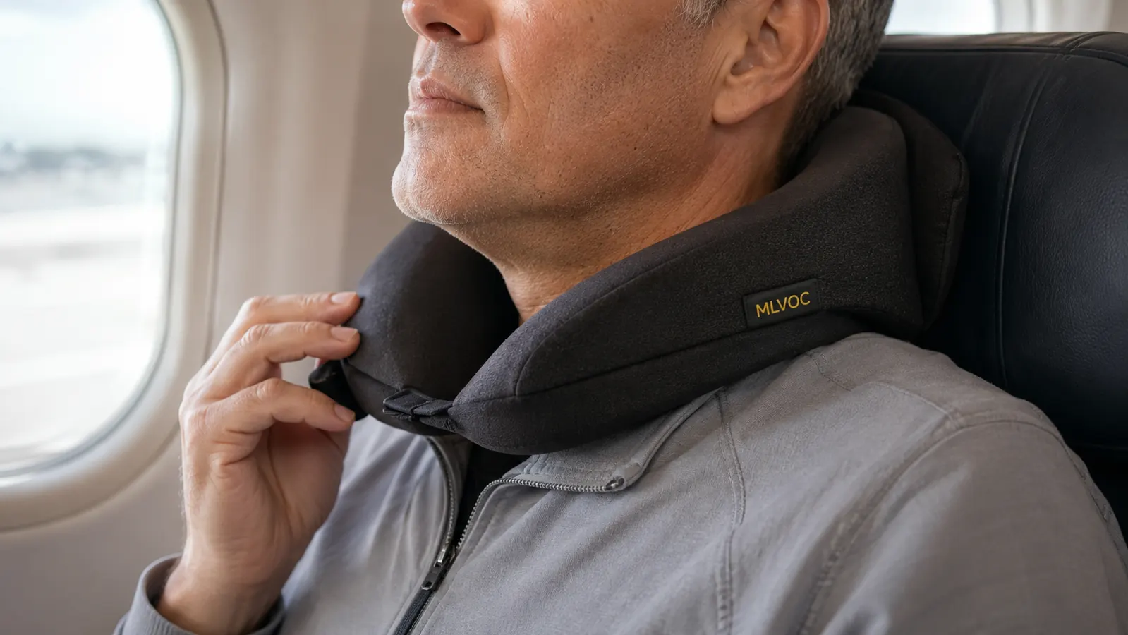 Close-up of the MLVOC travel pillow positioned with the taller foam side at the back of the neck, showing correct orientation in a seat