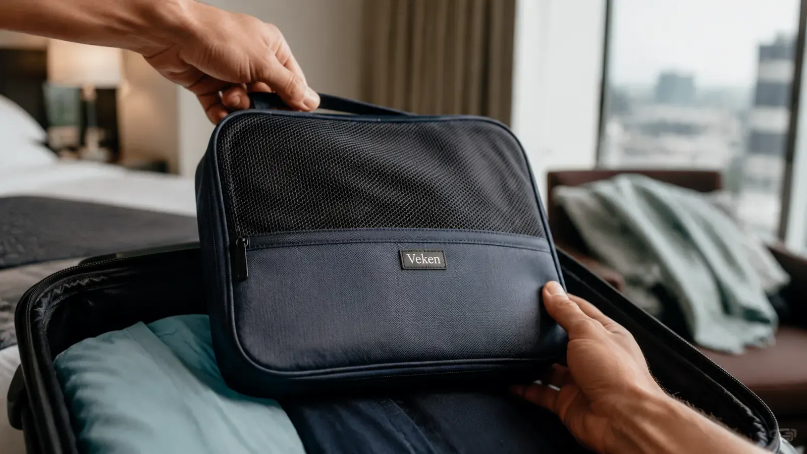 Traveler pulling a packing cube from a suitcase in a hotel room