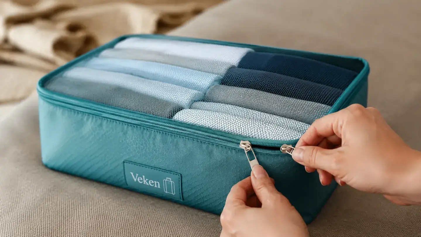 Hands zipping a Veken packing cube stuffed with folded shirts