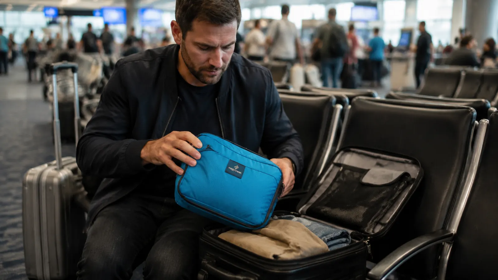 Traveler pulling a packing cube from a backpack at an airport gate